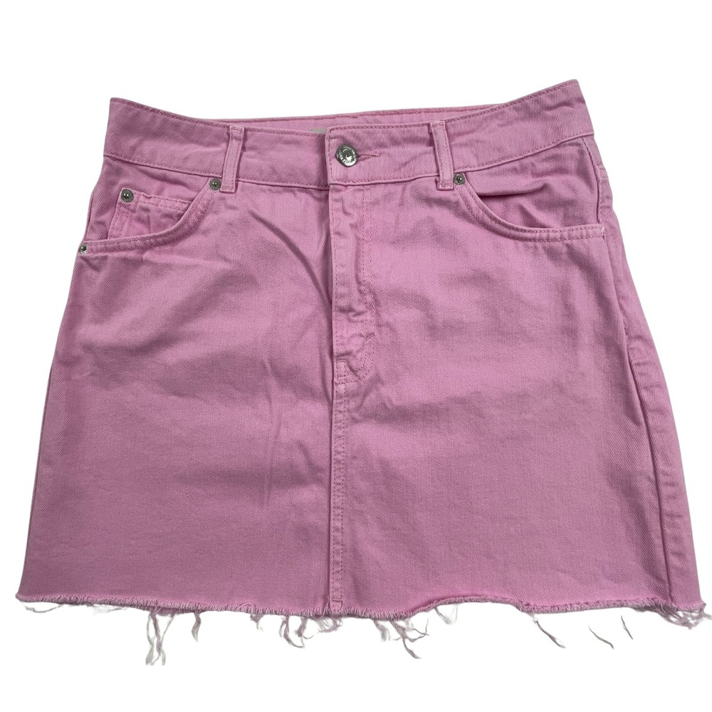 TOPSHOP MOTO Bubblegum Pink Denim Mini Skirt 6 High Waisted Raw Hem Y2K Barbie